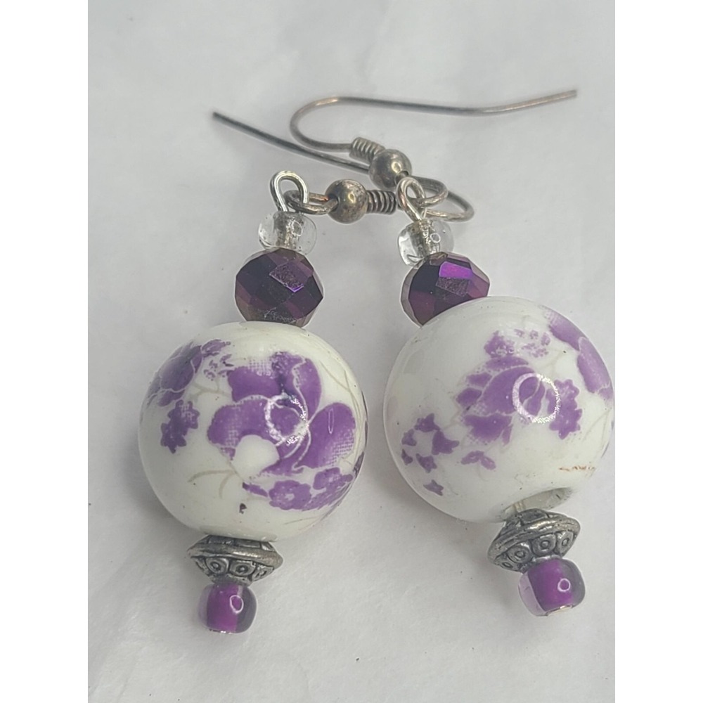 Purple Floral Porcelain Bead Earrings With Silver Accents - Handmade Dangle Jewe